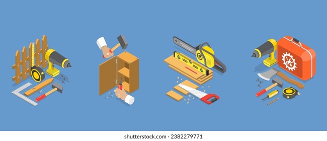 3D Isometric Flat Vector Illustration of Carpentry