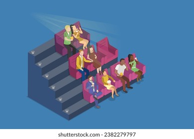 3D Isometric Flat Vector Illustration of People Watching Movie