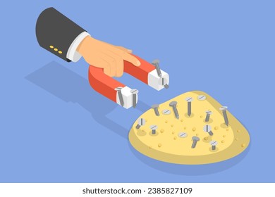 3D Isometric Flat Vector Illustration of Separating Iron Filings from Sand with a Magnet