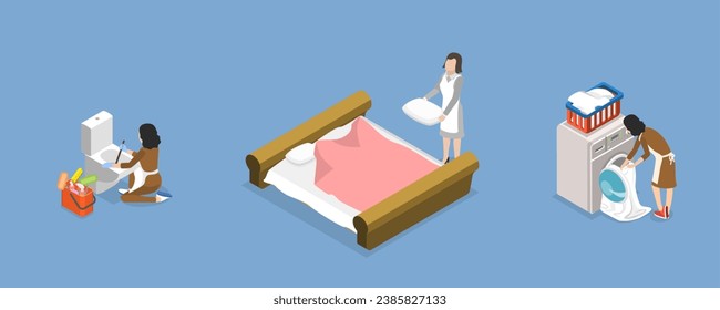 3D Isometric Flat Vector Illustration of Hotel Housekeeping