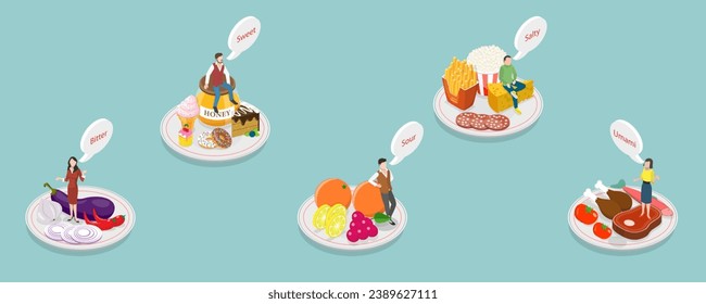 3D Isometric Flat Vector Illustration of Human Five Tastes