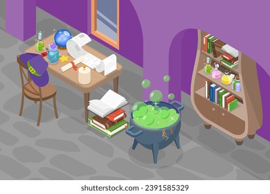 3D Isometric Flat Vector Illustration of Wizard School