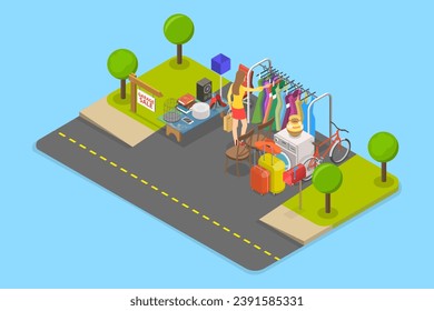 3D Isometric Flat Vector Illustration of Garage Sale