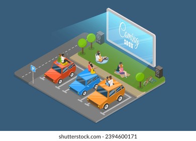 3D Isometric Flat Vector Illustration of Outdoor Cinema