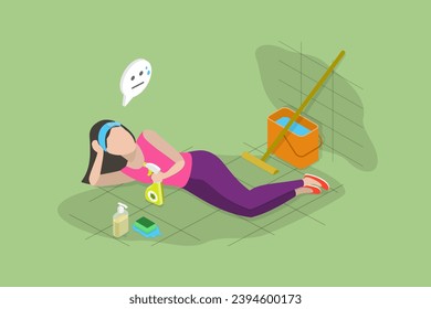 3D Isometric Flat Vector Illustration of Tired Housewife