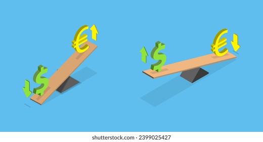 3D Isometric Flat Vector Illustration of Euro Vs Dollar On Lever