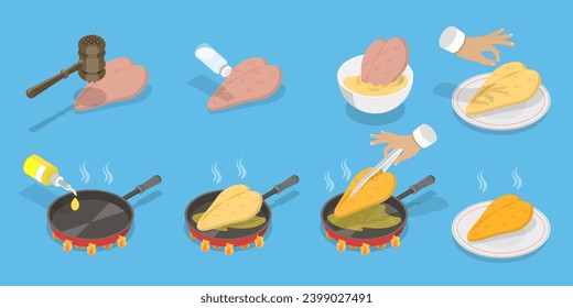 3D Isometric Flat Vector Illustration of How To Prepare Chicken Schnitzel svg