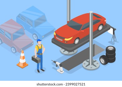 3D Isometric Flat Vector Illustration of Auto Mechanic