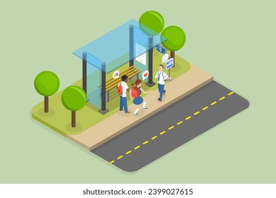 3D Isometric Flat Vector Illustration of Happy Students Waiting a Bus