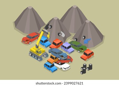 3D Isometric Flat Vector Illustration of Car Dump Junkyard