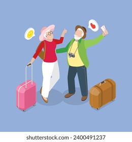 3D Isometric Flat Vector Illustration of Old People Travelers