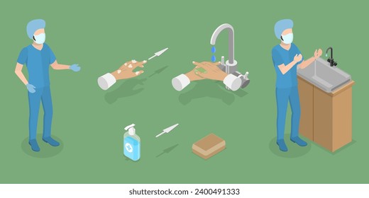 3D Isometric Flat Vector Illustration of Surgical Hand Scrubbing