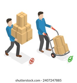 3D Isometric Flat Vector Illustration of How To Carry Heavy Goods, Safe and Incorrect Weights Lifting. Item 1