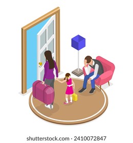 3D Isometric Flat Vector Illustration of Set Of People Leaving Home, Goodbye on House Doorstep. Item 4
