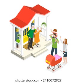 3D Isometric Flat Vector Illustration of Set Of People Leaving Home, Goodbye on House Doorstep. Item 2