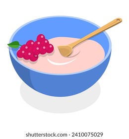 3D Isometric Flat Vector Illustration of Cereal Breakfast, Bowls with Porridge, Fruits, Yogurt and Berries. Item 5