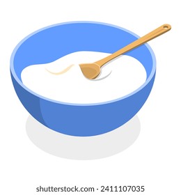 3D Isometric Flat Vector Illustration of Cereal Breakfast, Bowls with Porridge, Fruits, Yogurt and Berries. Item 6