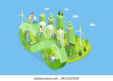 3D Isometric Flat Vector Illustration of Nature Friendly World, Earth Protection and Sustainable Development