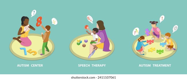 3D Isometric Flat Vector Illustration of Autism Treatment, Delayed Language Skills, Developmental Disorder