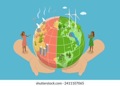 3D Isometric Flat Vector Illustration of Save Earth, Recycling Waste, Growing Plants and Choosing Renewable Resources