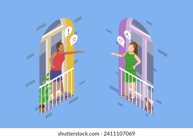 3D Isometric Flat Vector Illustration of Furious Female Neighbors, Conflict Between Residents of a Building