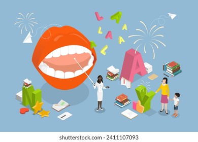 3D Isometric Flat Vector Illustration of Speech Therapy, Proper Articulation For Kids