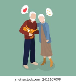 3D Isometric Flat Vector Illustration of Happy Elderly Couple, Relationships in Old Age