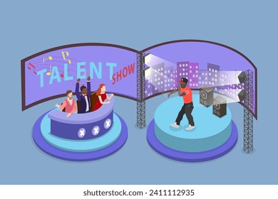 3D Isometric Flat Vector Illustration of Talent Show, Celebrities Judging Participants
