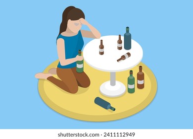 3D Isometric Flat Vector Illustration of Alcohol Addiction, Bad Habits and Health Problems