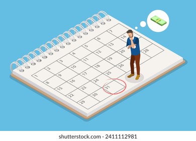 3D Isometric Flat Vector Illustration of Salary Calendar, Employee Waiting for Salary Payment