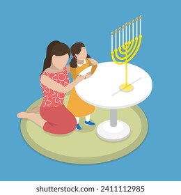 3D Isometric Flat Vector Illustration of Hanukkah Traditions, Jewish Holiday