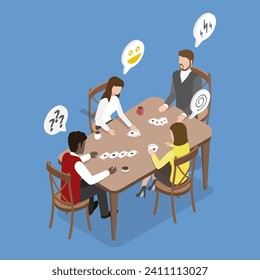 Isometric Flat Vector Illustración de la fiesta del póquer, relajándose juntos en tiempo de ocio