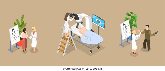 3D Isometric Flat Vector Illustration of LASIK Surgery, Eye Sight Improvement