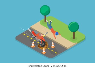 Isometric Flat Vector Iométrico Ilustración del accidente de motocicleta, riesgos para la conducción de vehículos personales