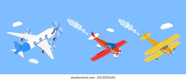 3D Isometric Flat Vector Illustration of Flying Vintage Airplanes, Transportation and Aviation