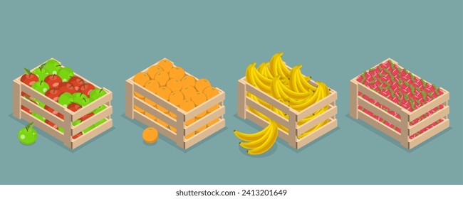 3D-Illustration des Holzmarktpakets, der Gartenfrüchte, der Landwirtschaft