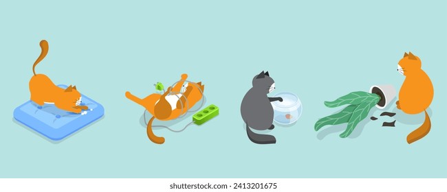 3D Isometric Flat Vector Illustration of Naughty Pets, Scenes With Cute Cats