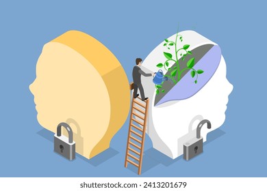 3D Isometric Flat Vector Illustration of Fixed Mindset vs Growth Mindset, Difference of Positive and Negative Thinking