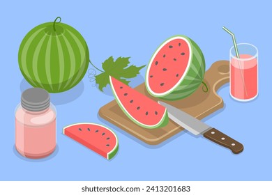 3D Isometric Flat Vector Illustration of Watermelon, Juicy Slices