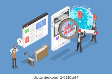 3D Isometric Flat Vector Illustration of Fake News, Propaganda Newscast, Untruth Information Spread