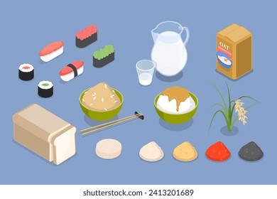 3D Isometric Flat Vector Illustration of Rice Food Products Collection, Healthy Organic Food