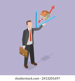 3D Isometric Flat Vector Illustration of Real Estate Price Growth, Propery Investment or Home Refinancing