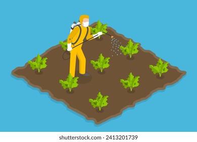 3D Isometric Flat Vector Illustration of Chemical Fertilizer, Farmer Spraying Pesticides on a Field