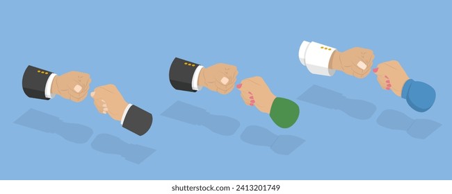 3D Isometric Flat Vector Illustration of Fists Bump Punch, Partnership and Teamwork