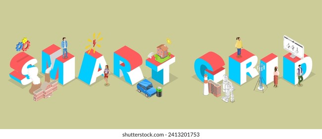 3D Isometric Flat Vector Illustration of Smart Grid, Sustainable System Control