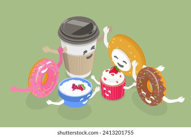3D Isometric Flat Vector Illustration of Cute Morning Emoji Drink And Desserts, Coffee Time