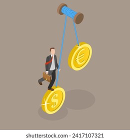 Vector plano isométrico 3D Ilustración del intercambio de euros y dólares, conversión de dinero