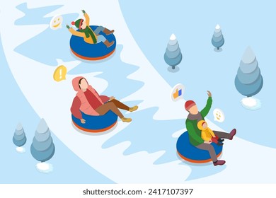 3D Isometric Flat Vector Illustration of Snow Tube At Winter Holiday, Wintertime Fun