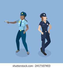 3D Isometric Flat Vector Illustration of Female Police Officer, Policewoman or Guard