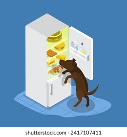 3D Isometric Flat Vector Illustration of Hungry Domestic Animal, Curious Pet Stealing Meal From Fridge